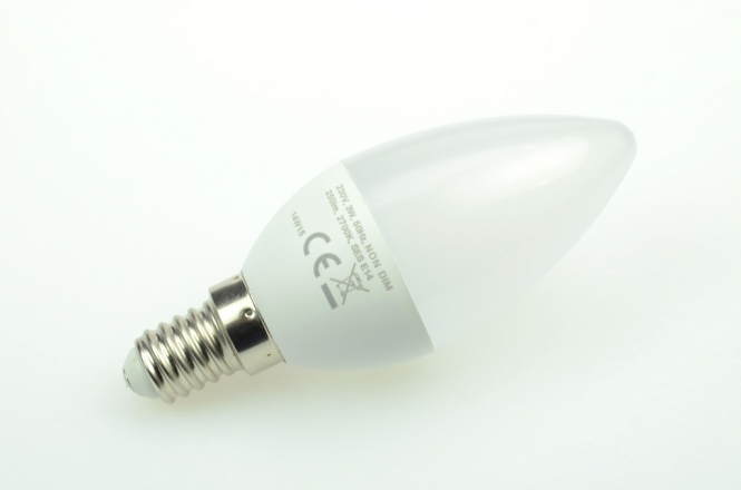 E14 LED-Kerze 370 Lm. 230V AC/DC warmweiss 3,7W 24 Stundenbetrieb DC-kompatibel 